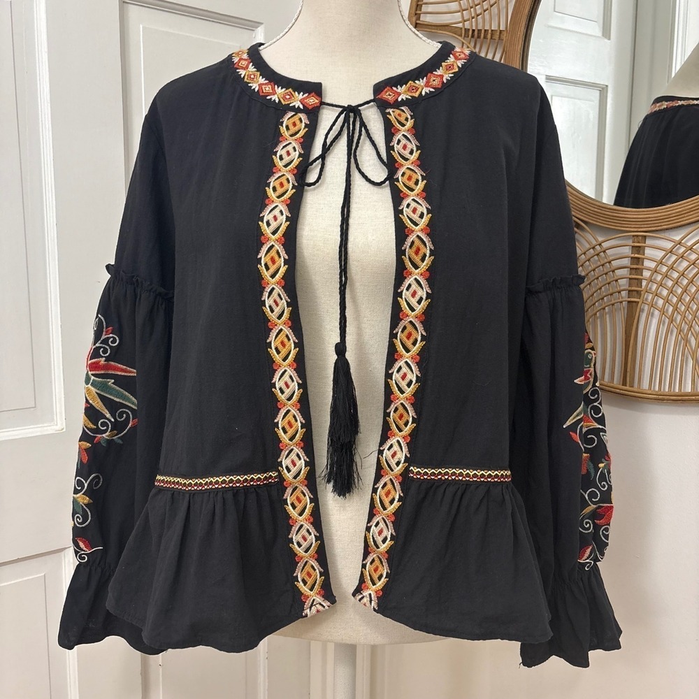 Stevie Hender Heavily Embroidered Open Shirt Shacket S Boho Peasant Festival